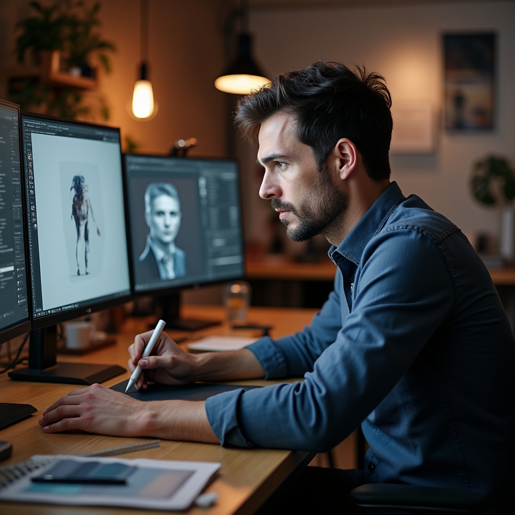 Diseñador revisando su trabajo en pantalla con notas de corrección