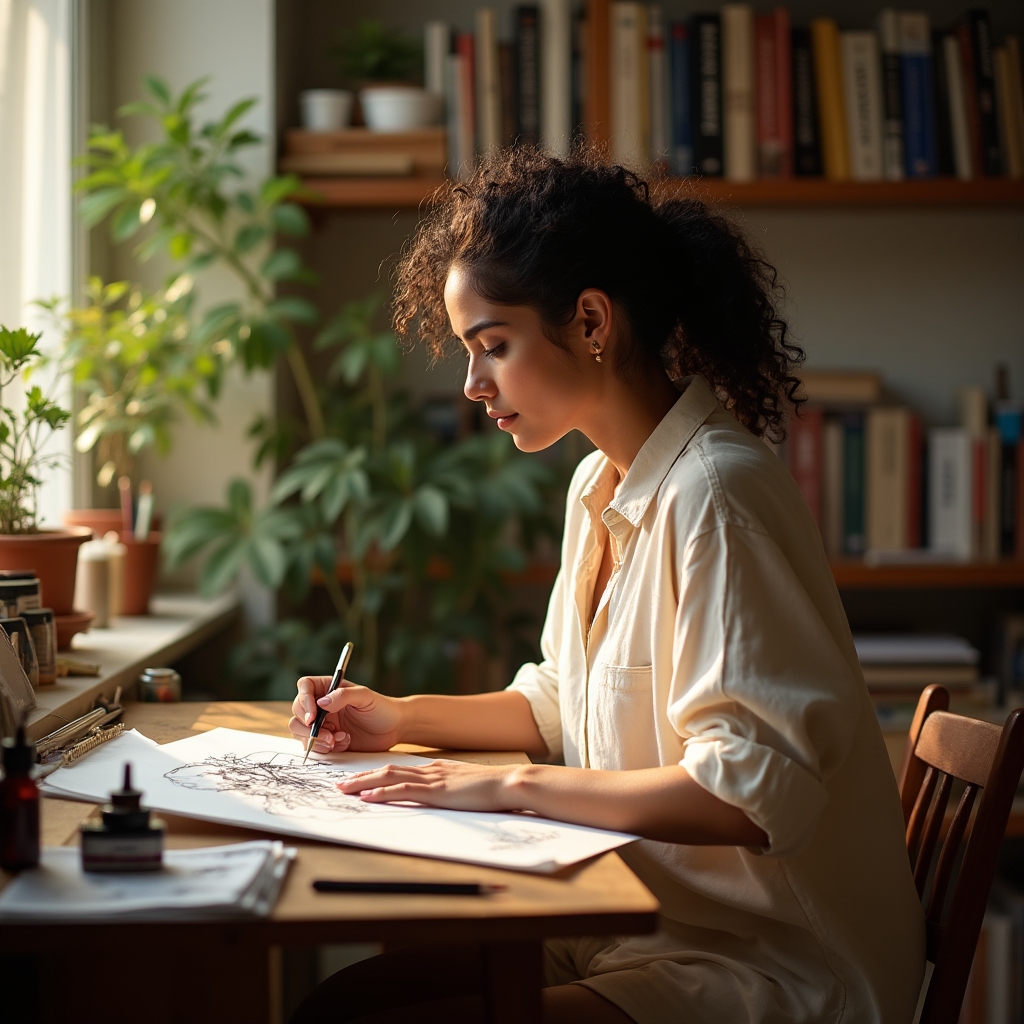 Ilustrador trabajando en su proceso creativo con herramientas sobre la mesa